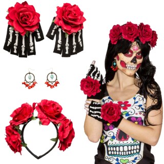 La Catrina Kostüm Set Mexikanerin Haarreif, Ohrringe, Handschuhe