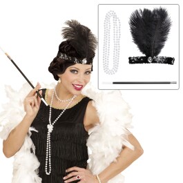 Charleston Kostüm Set mit Kopfschmuck, Halskette und Zigarettenspitze