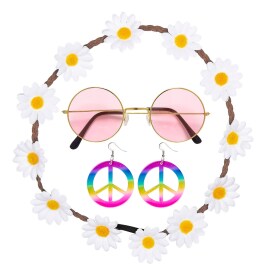 Hippie Kostüm Set mit Haarband, Ohrringe und Brille