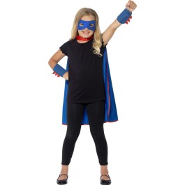 Kinder Superhelden Kostüm Set mit Umhang, Augenmaske und Manschetten blau