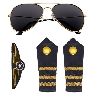 Piloten Kostüm Set mit Sonnenbrille, Schulterklappen und Abzeichen