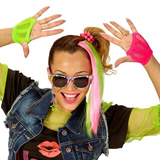 80er Jahre Neon Kostüm Set bestehend aus Handschuhen, Sonnenbrille, Ohrringe und 2 Extensions