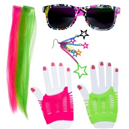 80er Jahre Neon Kostüm Set bestehend aus Handschuhen, Sonnenbrille, Ohrringe und 2 Extensions