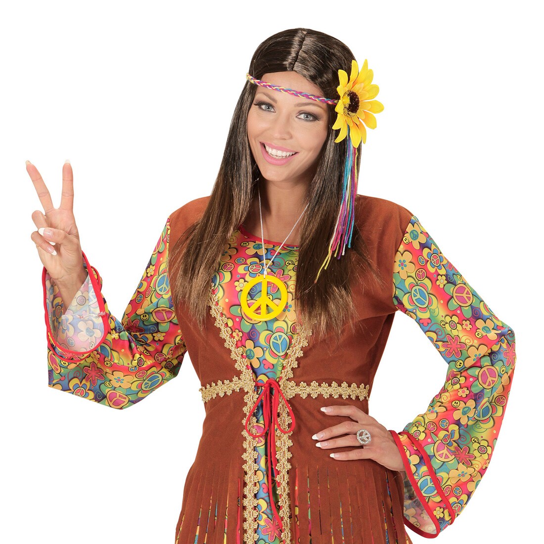 Hippie Kostüm Set 4-teilig - Perücke, Peace Halskette, Brille & Stirnband Für 70er Party