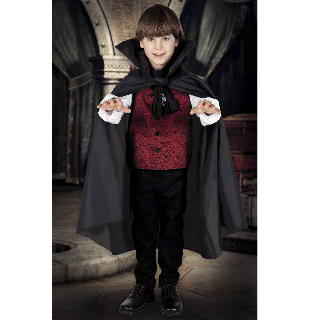 Guirca Vampir Dracula Kostüm Für Kinder 3–4 Jahre – Inkl. Hemd, Weste & Umhang (Rot/Schwarz/Weiß)