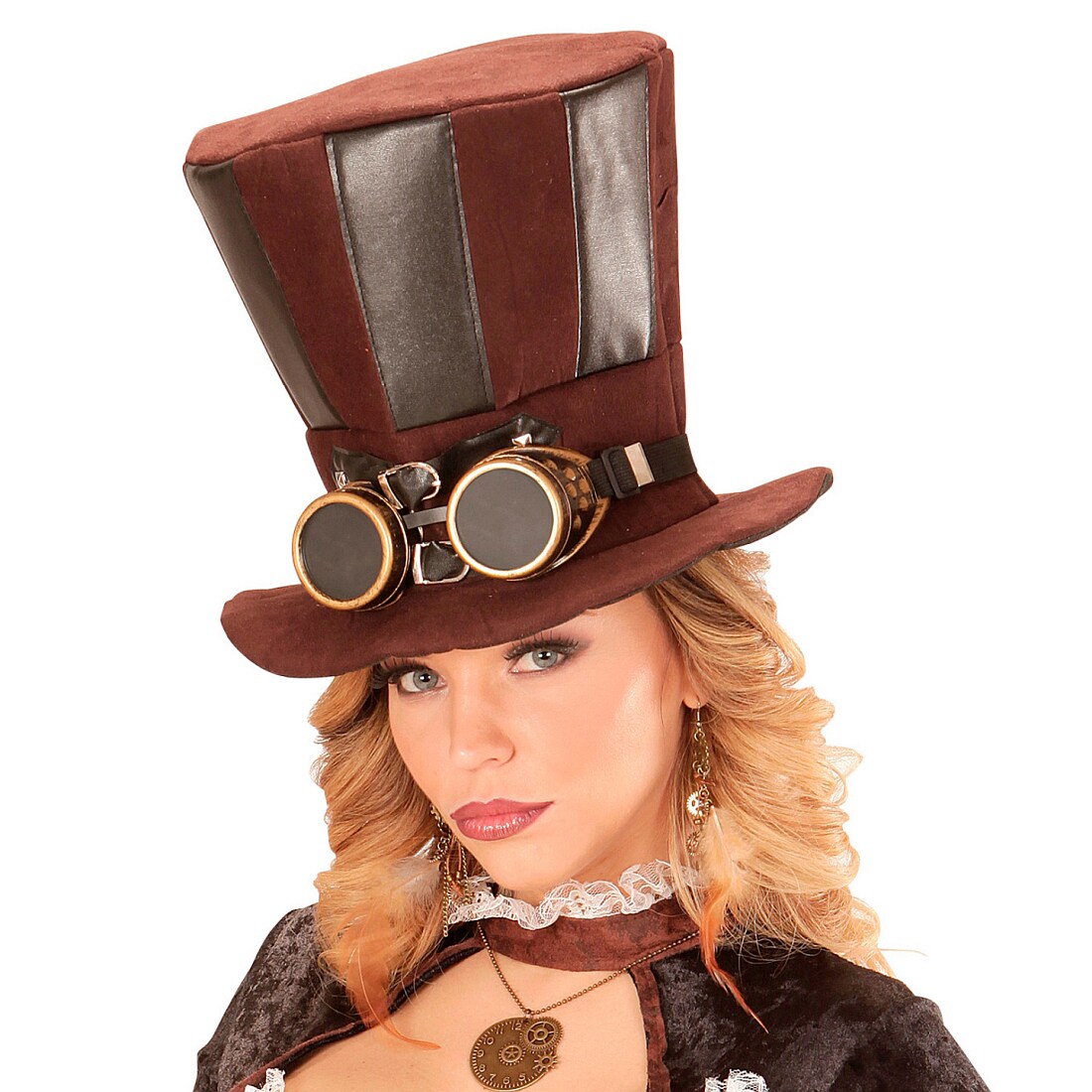Hoher Steampunk-Hut mit Brille für Erwachsene Braun, 13,99