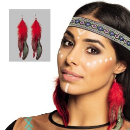 Elegante Feder-Ohrringe Indianerin Rot-Schwarz 12cm