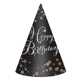 8 Elegante Happy Birthday Partyhütchen Schwarz 18cm hoch