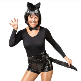 Kostüm-Set Schwarze Katze mit Haarreif, Fliege & Schwanz Schwarz