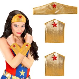 Wonder-Woman Kost&uuml;m-Set mit Stulpen &amp; Haarband Gold
