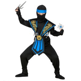 Blaues Ninja Kinderkostüm mit Waffen-Set 128 cm