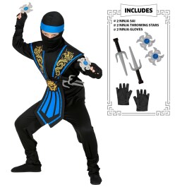 Blaues Ninja Kinderkostüm mit Waffen-Set 140 cm
