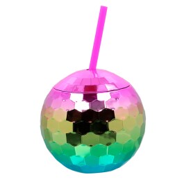 Partybecher Discokugel mit Strohhalm Regenbogenfarbe