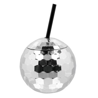 Partybecher Discokugel mit Strohhalm Silber