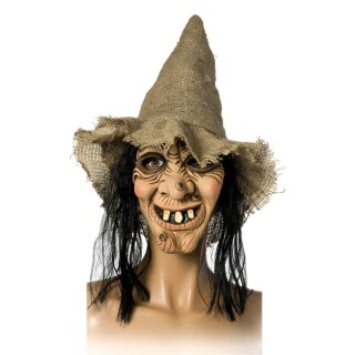 Runzelige Hexenmaske mit Hut und Haar Alte Hexe Maske hautfarbend