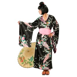 Schwarzer Kimono - Kostüm Geisha mit Blüten 42/44