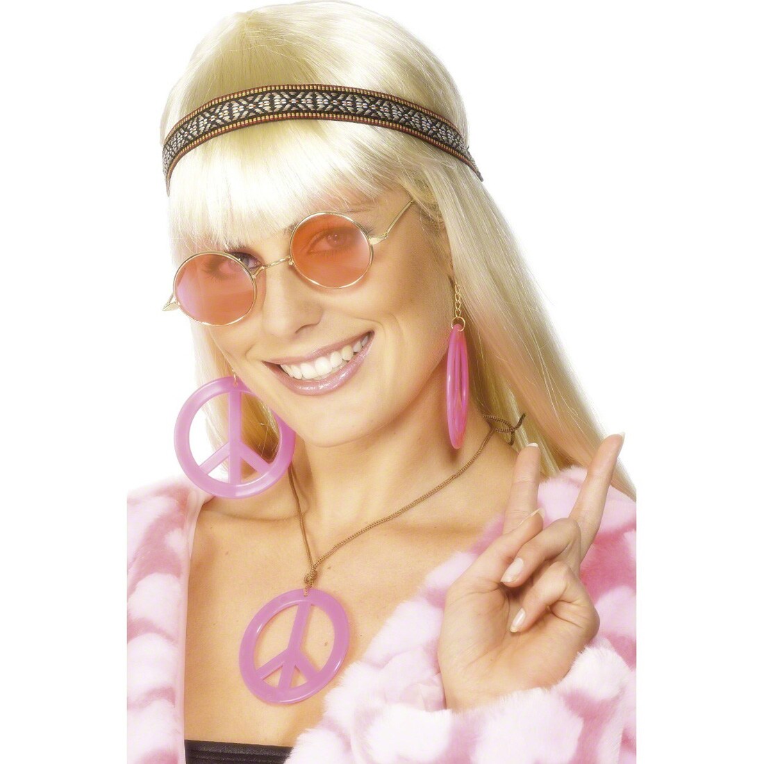 Hippie-Schmuckset In Neon-Orange – Peacezeichen-Kette & Ohrclips, Perfekt Für Karneval & Partys